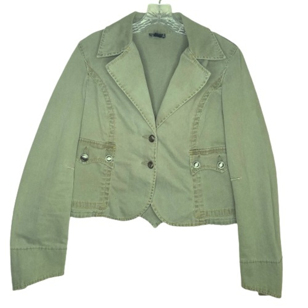 Light Olive Denim Blazer Jacket LARGE Long Sleeve Pockets Metal Buttons Wet Seal